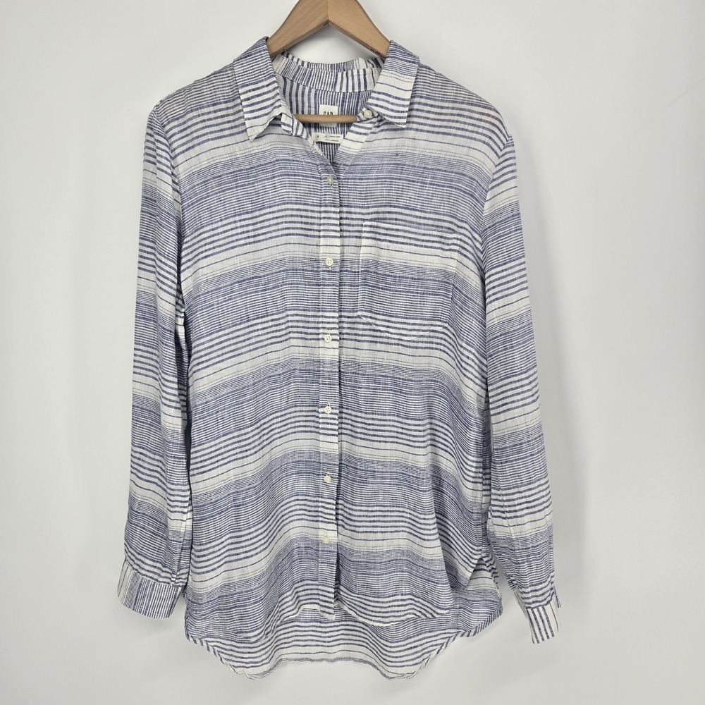 GAP Boyfriend Shirt S White Blue Stripe 100% Linen Long Sleeve Button Down  Top